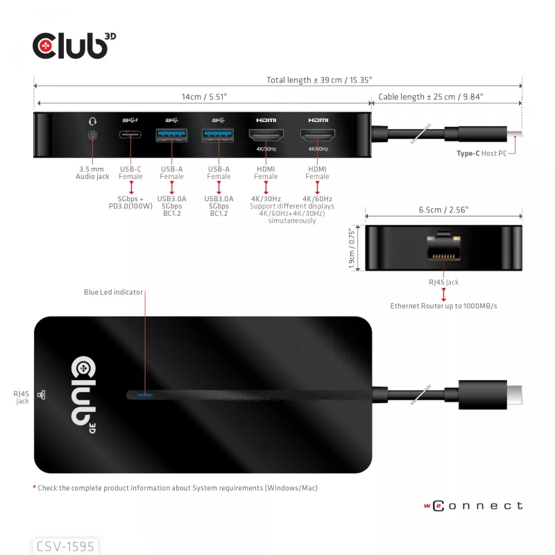 CLUB3D Type-C 7-in-1 jaotur 2x HDMI, 2x USB Gen1 Type-A, 1x RJ45, 1x 3.5mm heli, 1x USB Gen1 Type-C 100W emane port