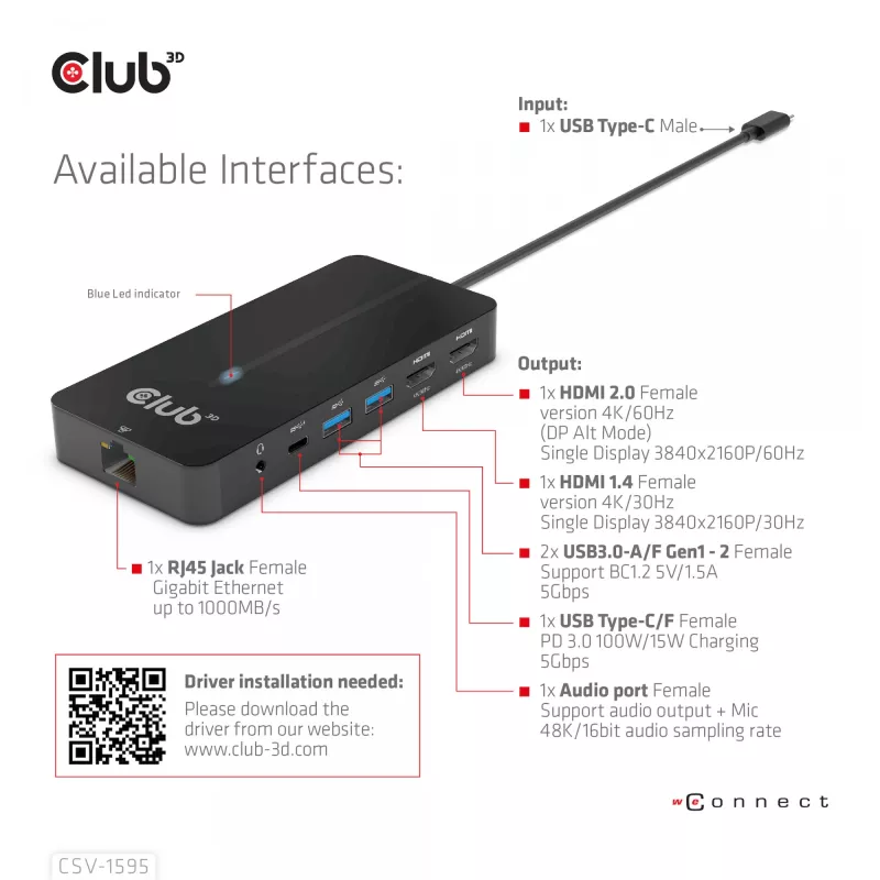 CLUB3D Type-C 7-in-1 jaotur 2x HDMI, 2x USB Gen1 Type-A, 1x RJ45, 1x 3.5mm heli, 1x USB Gen1 Type-C 100W emane port