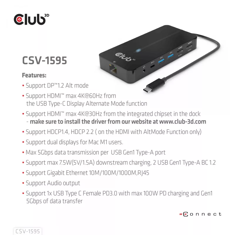 CLUB3D Type-C 7-in-1 jaotur 2x HDMI, 2x USB Gen1 Type-A, 1x RJ45, 1x 3.5mm heli, 1x USB Gen1 Type-C 100W emane port