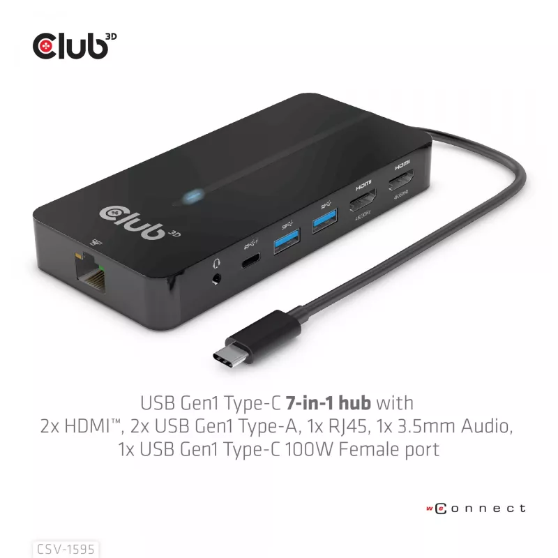 CLUB3D Type-C 7-in-1 jaotur 2x HDMI, 2x USB Gen1 Type-A, 1x RJ45, 1x 3.5mm heli, 1x USB Gen1 Type-C 100W emane port