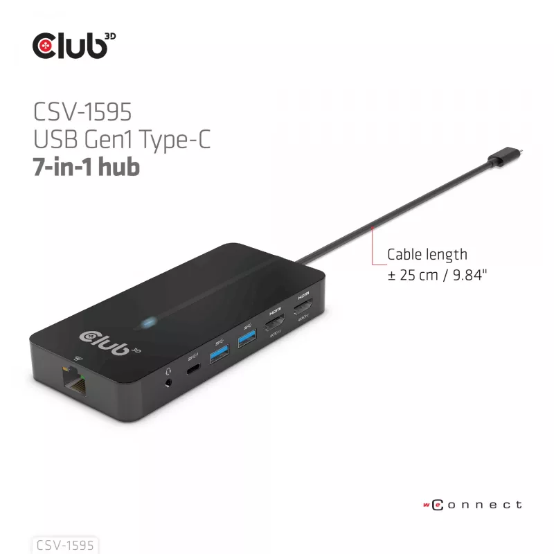 CLUB3D Type-C 7-in-1 jaotur 2x HDMI, 2x USB Gen1 Type-A, 1x RJ45, 1x 3.5mm heli, 1x USB Gen1 Type-C 100W emane port