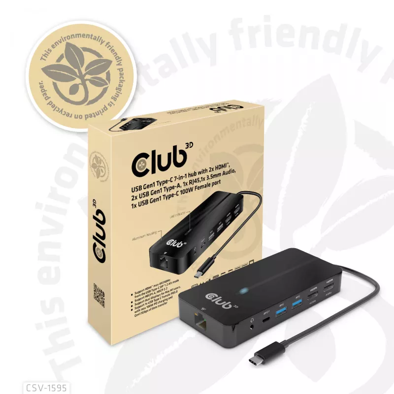 CLUB3D Type-C 7-in-1 jaotur 2x HDMI, 2x USB Gen1 Type-A, 1x RJ45, 1x 3.5mm heli, 1x USB Gen1 Type-C 100W emane port