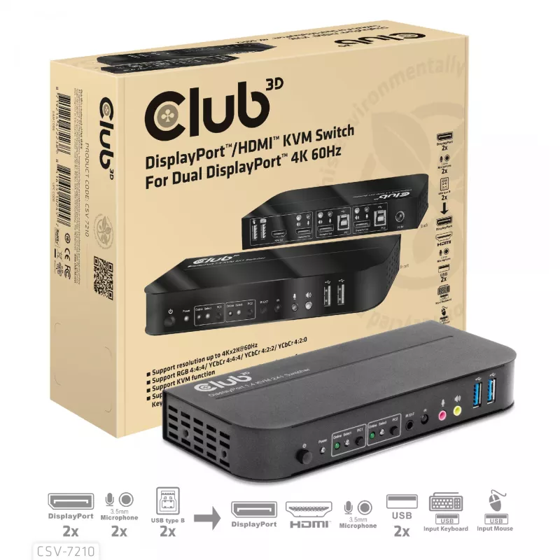 CLUB3D DisplayPort/HDMI KVM-lüliti kahele DisplayPort 4K 60Hz