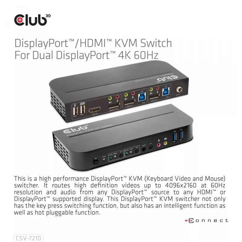 CLUB3D DisplayPort/HDMI KVM-lüliti kahele DisplayPort 4K 60Hz