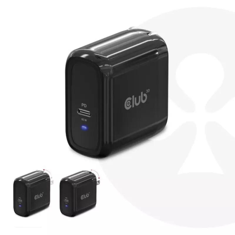 CLUB3D Travel Charger 65W GAN tehnoloogia, üks USB USB-C port, Power Delivery (PD) 3.0 tugi