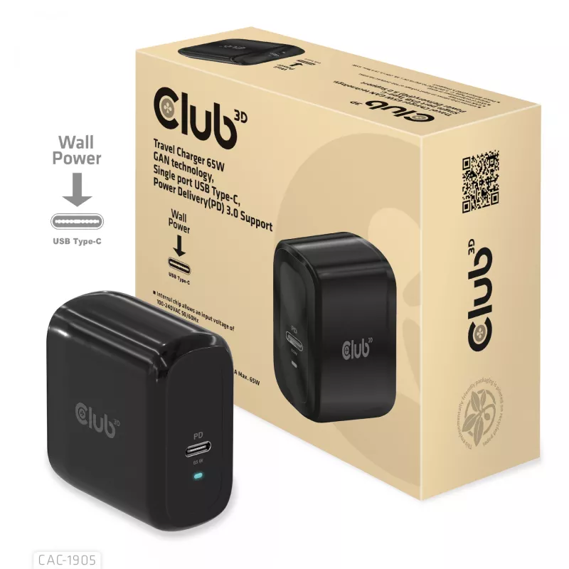 CLUB3D Travel Charger 65W GAN tehnoloogia, üks USB USB-C port, Power Delivery (PD) 3.0 tugi