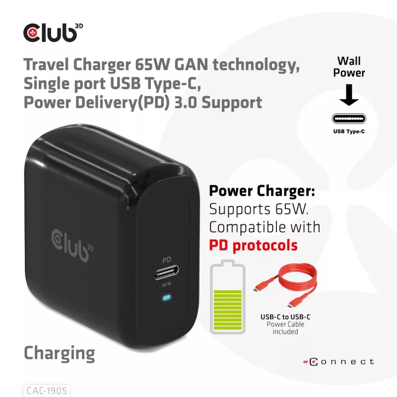 CLUB3D Travel Charger 65W GAN tehnoloogia, üks USB USB-C port, Power Delivery (PD) 3.0 tugi