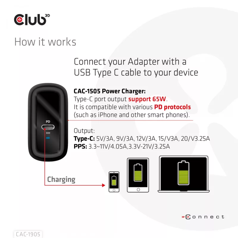 CLUB3D Travel Charger 65W GAN tehnoloogia, üks USB USB-C port, Power Delivery (PD) 3.0 tugi