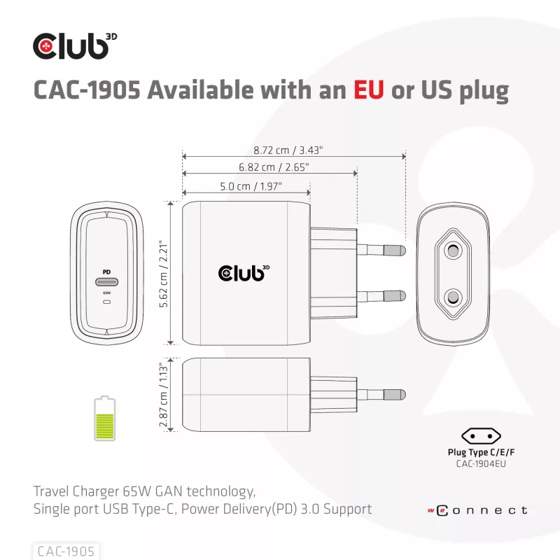 CLUB3D Travel Charger 65W GAN tehnoloogia, üks USB USB-C port, Power Delivery (PD) 3.0 tugi