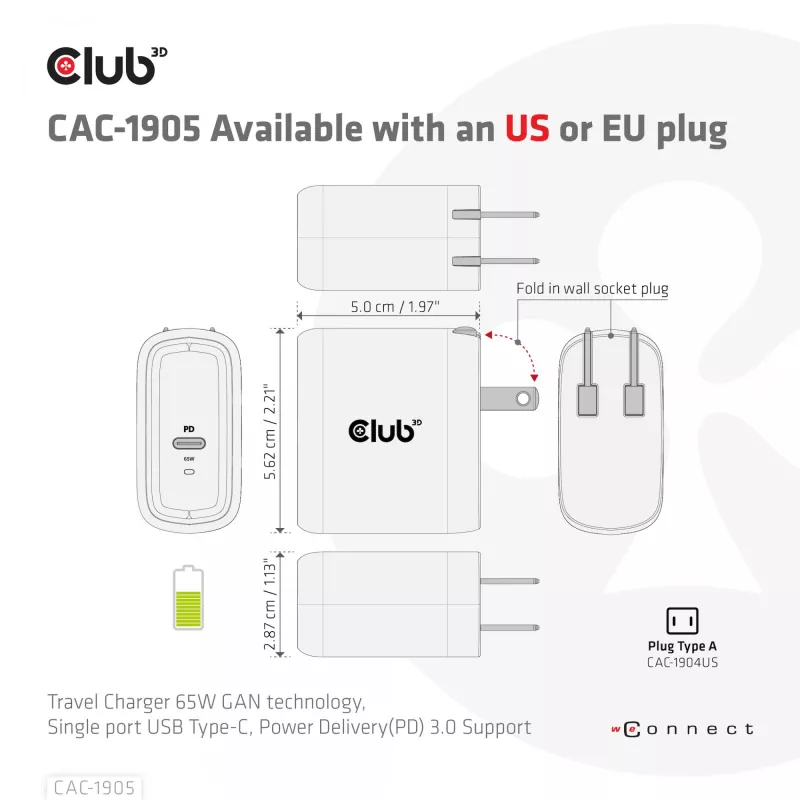 CLUB3D Travel Charger 65W GAN tehnoloogia, üks USB USB-C port, Power Delivery (PD) 3.0 tugi