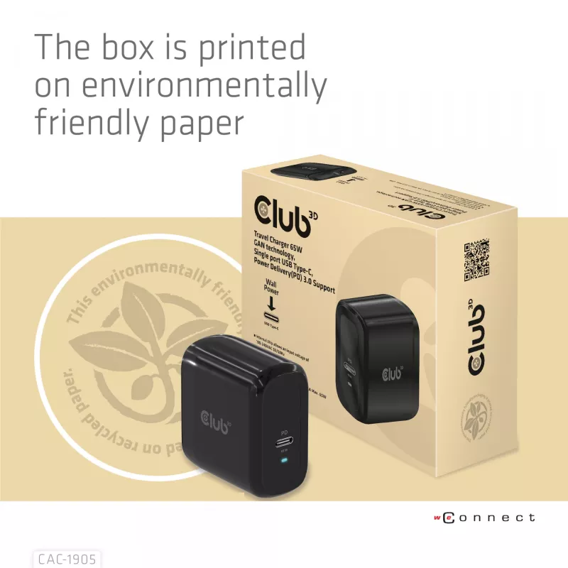 CLUB3D Travel Charger 65W GAN tehnoloogia, üks USB USB-C port, Power Delivery (PD) 3.0 tugi