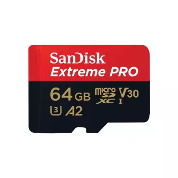 MicroSDXC välkmälu SANDISK Extreme PRO 64GB UHS‑I U3 V30 A2, lugemine 200 MB/s, kirjutamine 90–140 MB/s, sisaldab SD-adapterit