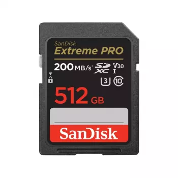 SDXC-mälukaart SANDISK Extreme PRO 512 GB — Class 10, U3, V30, lugemiskiirus 200 MB/s, kirjutamiskiirus 140 MB/s, veekindel