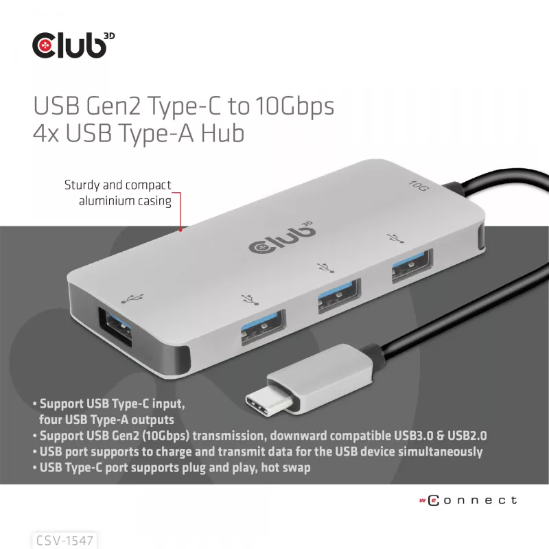 CLUB3D 4-pordine USB-A jaotur USB-C jaoks – 10 Gbps kiire andmeedastus