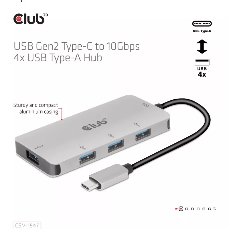 CLUB3D 4-pordine USB-A jaotur USB-C jaoks – 10 Gbps kiire andmeedastus