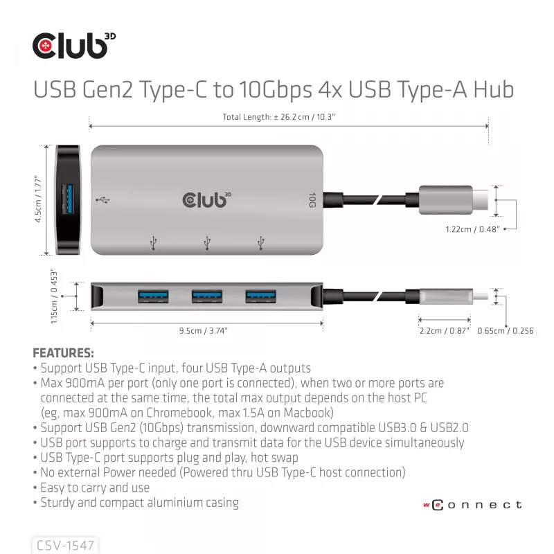 CLUB3D 4-pordine USB-A jaotur USB-C jaoks – 10 Gbps kiire andmeedastus