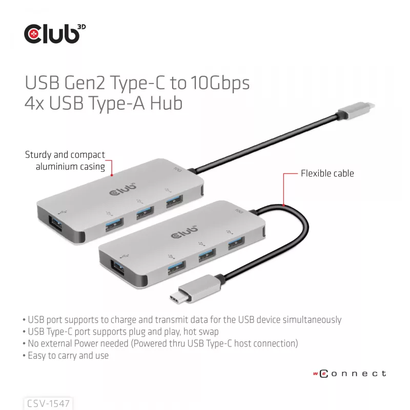 CLUB3D 4-pordine USB-A jaotur USB-C jaoks – 10 Gbps kiire andmeedastus