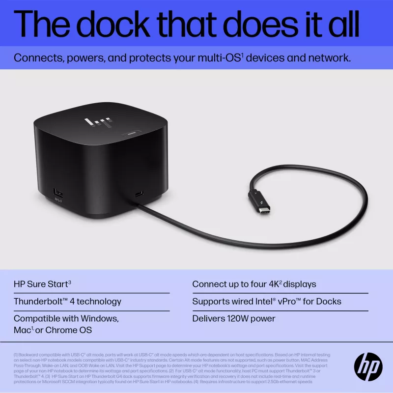 HP Thunderbolt Dock 120W G4, juhtmega, Thunderbolt 4, must, Kensington, Hiina, Tai, Taiwan, äri