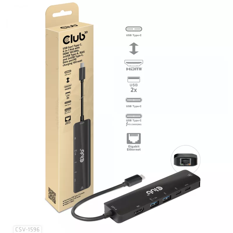 CLUB3D USB Gen1 Type-C, 6-in-1 jaotur HDMI 8K30Hz, 2xUSB Type-A, RJ45 ja 2xUSB Type-C, andme- ja PD laadimine 100 vatti