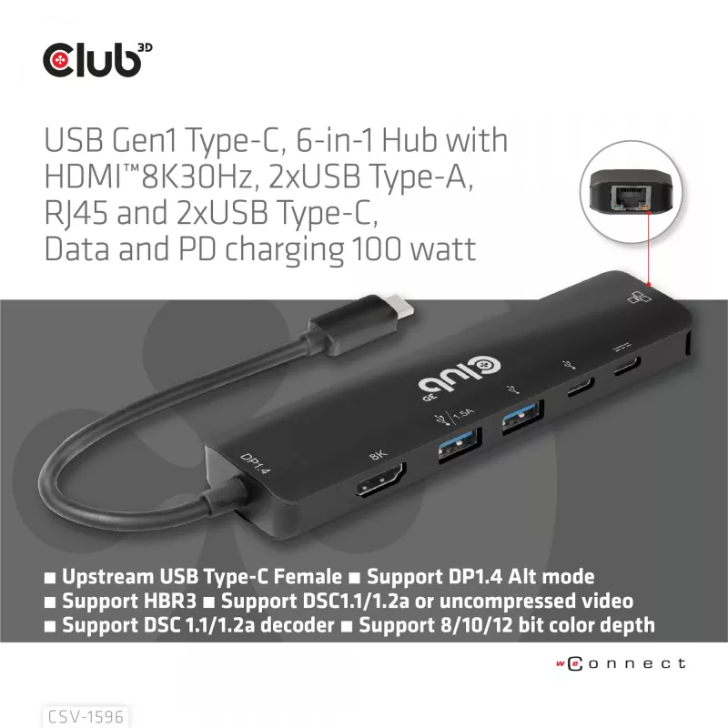 CLUB3D USB Gen1 Type-C, 6-in-1 jaotur HDMI 8K30Hz, 2xUSB Type-A, RJ45 ja 2xUSB Type-C, andme- ja PD laadimine 100 vatti