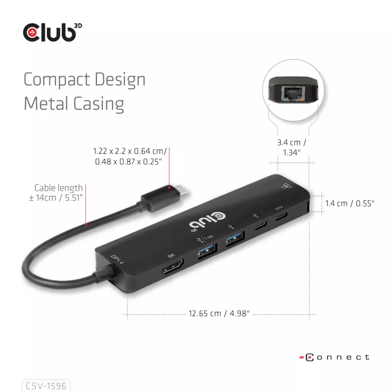 CLUB3D USB Gen1 Type-C, 6-in-1 jaotur HDMI 8K30Hz, 2xUSB Type-A, RJ45 ja 2xUSB Type-C, andme- ja PD laadimine 100 vatti