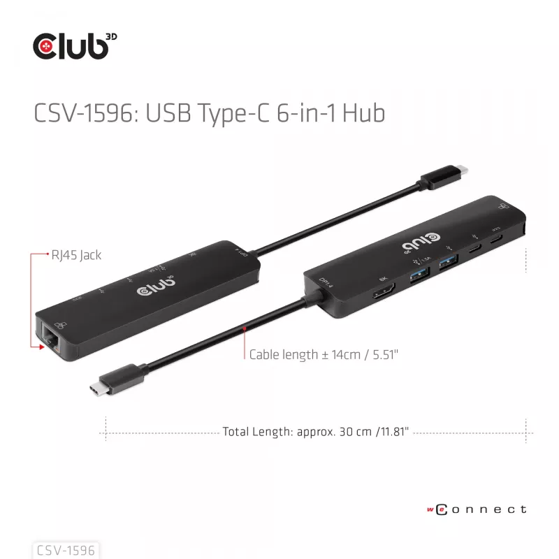 CLUB3D USB Gen1 Type-C, 6-in-1 jaotur HDMI 8K30Hz, 2xUSB Type-A, RJ45 ja 2xUSB Type-C, andme- ja PD laadimine 100 vatti