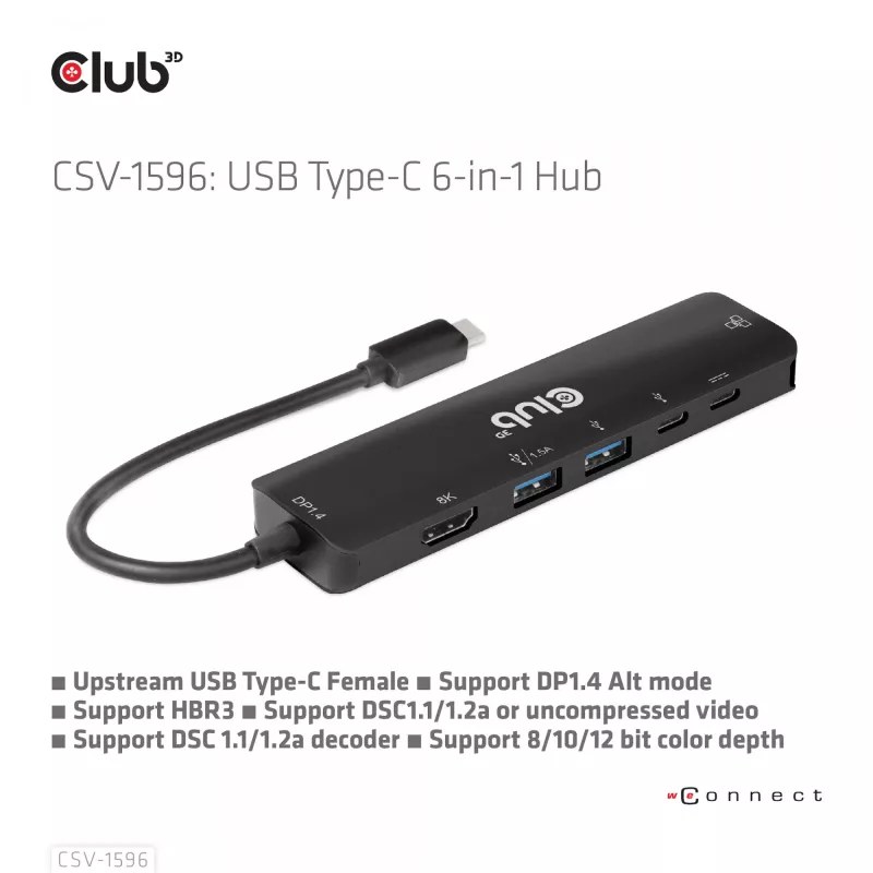 CLUB3D USB Gen1 Type-C, 6-in-1 jaotur HDMI 8K30Hz, 2xUSB Type-A, RJ45 ja 2xUSB Type-C, andme- ja PD laadimine 100 vatti