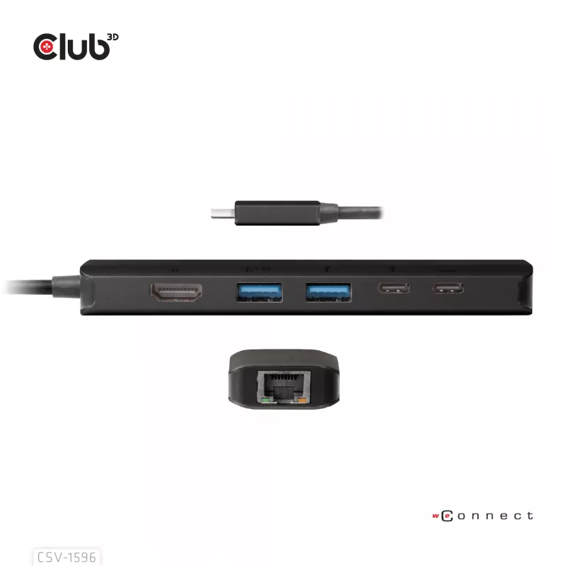 CLUB3D USB Gen1 Type-C, 6-in-1 jaotur HDMI 8K30Hz, 2xUSB Type-A, RJ45 ja 2xUSB Type-C, andme- ja PD laadimine 100 vatti
