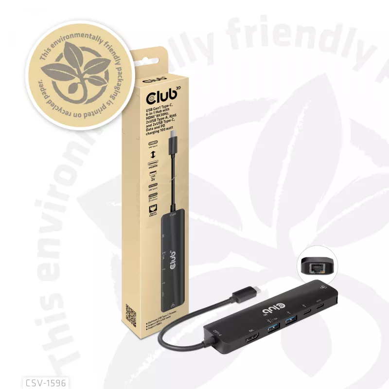 CLUB3D USB Gen1 Type-C, 6-in-1 jaotur HDMI 8K30Hz, 2xUSB Type-A, RJ45 ja 2xUSB Type-C, andme- ja PD laadimine 100 vatti