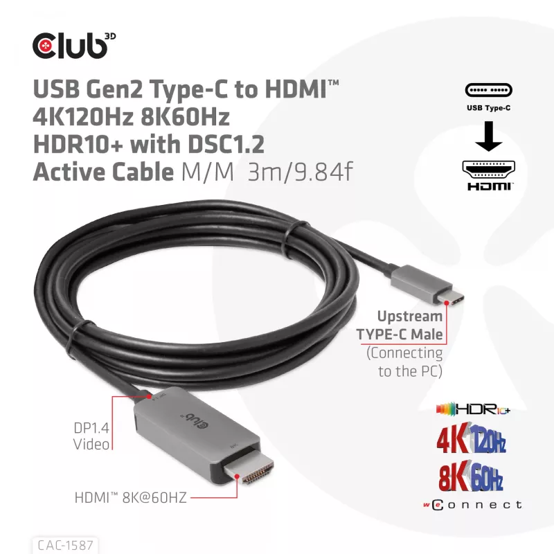 CLUB3D USB Gen2 USB-C HDMI-le 4K120Hz 8K60Hz HDR10 koos DSC1.2 aktiivkaabel M/M 3m / 9.84ft