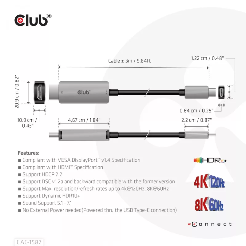 CLUB3D USB Gen2 USB-C HDMI-le 4K120Hz 8K60Hz HDR10 koos DSC1.2 aktiivkaabel M/M 3m / 9.84ft