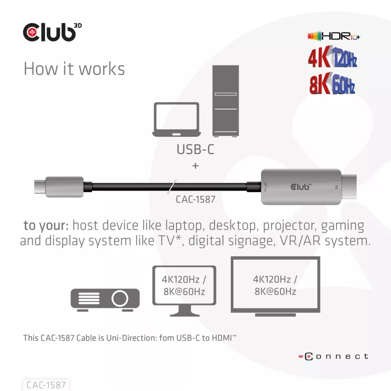 CLUB3D USB Gen2 USB-C HDMI-le 4K120Hz 8K60Hz HDR10 koos DSC1.2 aktiivkaabel M/M 3m / 9.84ft