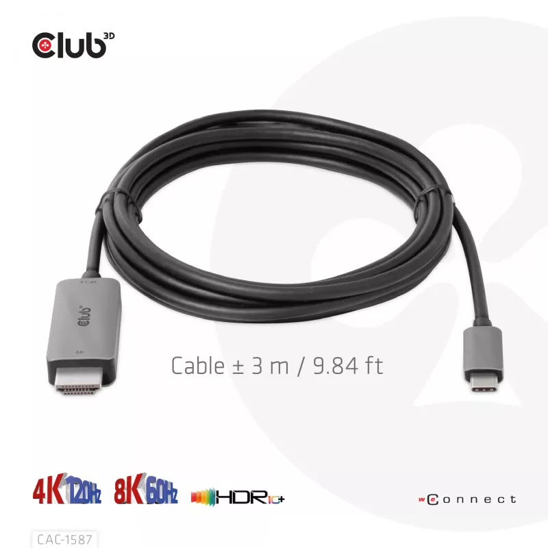 CLUB3D USB Gen2 USB-C HDMI-le 4K120Hz 8K60Hz HDR10 koos DSC1.2 aktiivkaabel M/M 3m / 9.84ft