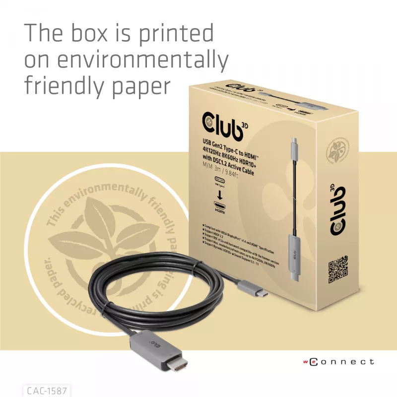 CLUB3D USB Gen2 USB-C HDMI-le 4K120Hz 8K60Hz HDR10 koos DSC1.2 aktiivkaabel M/M 3m / 9.84ft