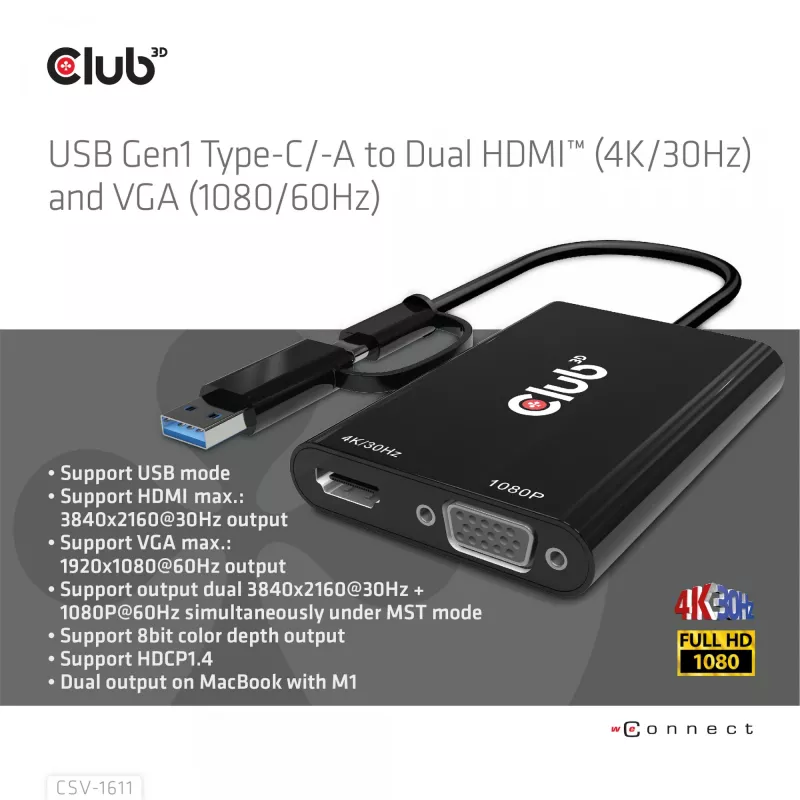 CLUB3D USB Gen1 USB-C/-A duaal-HDMI-le (4K/30Hz) / VGA-le (1080/60Hz)