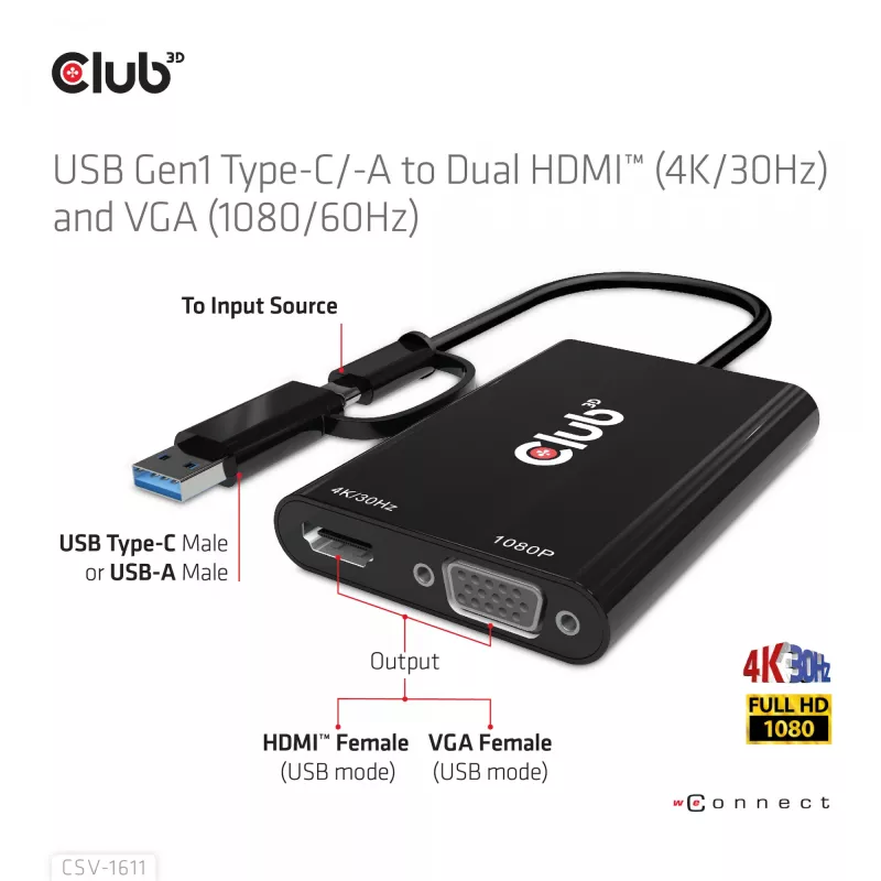 CLUB3D USB Gen1 USB-C/-A duaal-HDMI-le (4K/30Hz) / VGA-le (1080/60Hz)