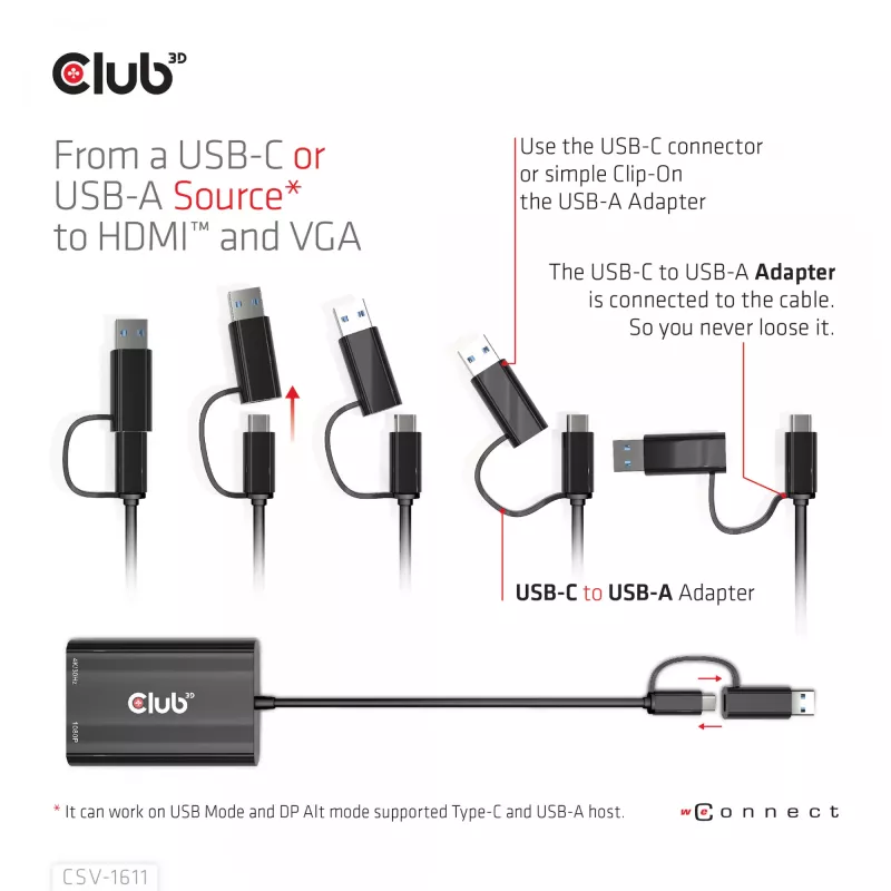 CLUB3D USB Gen1 USB-C/-A duaal-HDMI-le (4K/30Hz) / VGA-le (1080/60Hz)