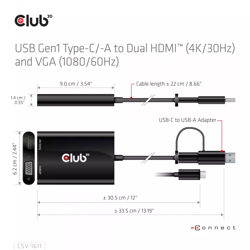 CLUB3D USB Gen1 USB-C/-A duaal-HDMI-le (4K/30Hz) / VGA-le (1080/60Hz)