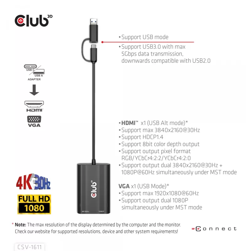 CLUB3D USB Gen1 USB-C/-A duaal-HDMI-le (4K/30Hz) / VGA-le (1080/60Hz)