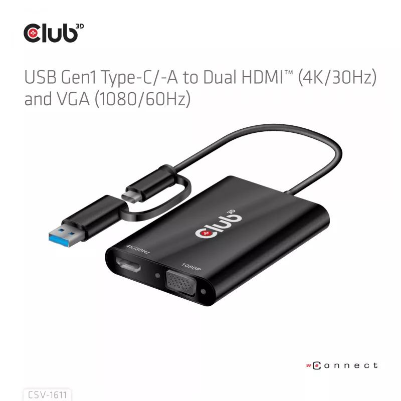 CLUB3D USB Gen1 USB-C/-A duaal-HDMI-le (4K/30Hz) / VGA-le (1080/60Hz)