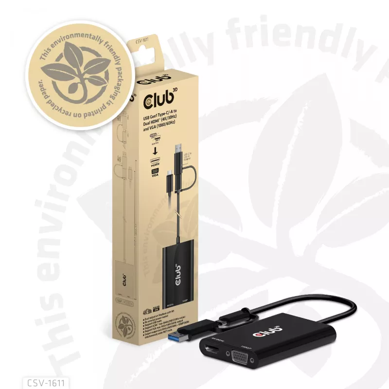 CLUB3D USB Gen1 USB-C/-A duaal-HDMI-le (4K/30Hz) / VGA-le (1080/60Hz)