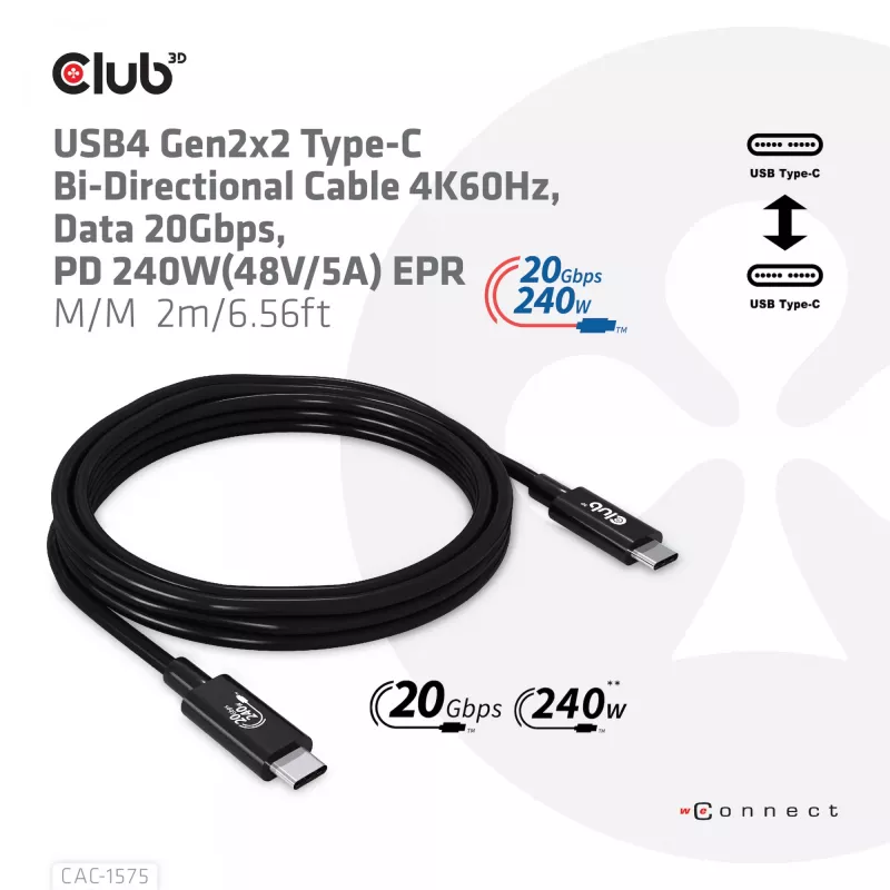 CLUB3D USB4 Gen2x2 USB-C kahesuunaline kaabel 4K60Hz, andmed 20Gbps, PD 240W(48V/5A) EPR M/M 2m