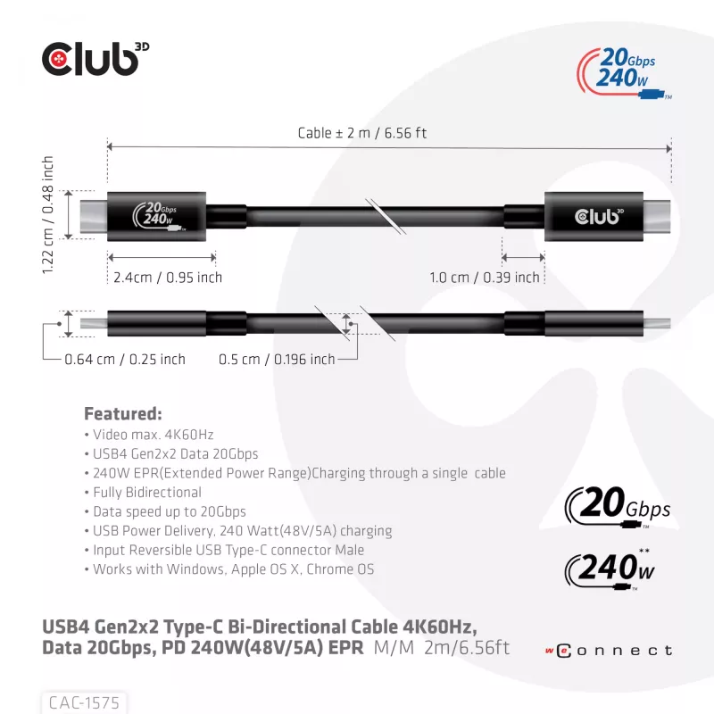 CLUB3D USB4 Gen2x2 USB-C kahesuunaline kaabel 4K60Hz, andmed 20Gbps, PD 240W(48V/5A) EPR M/M 2m