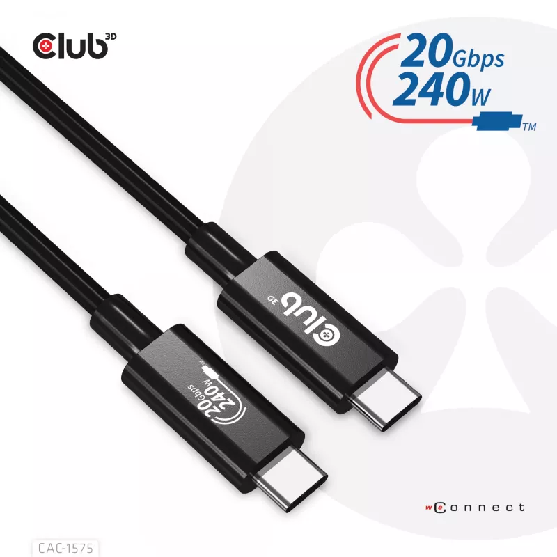 CLUB3D USB4 Gen2x2 USB-C kahesuunaline kaabel 4K60Hz, andmed 20Gbps, PD 240W(48V/5A) EPR M/M 2m