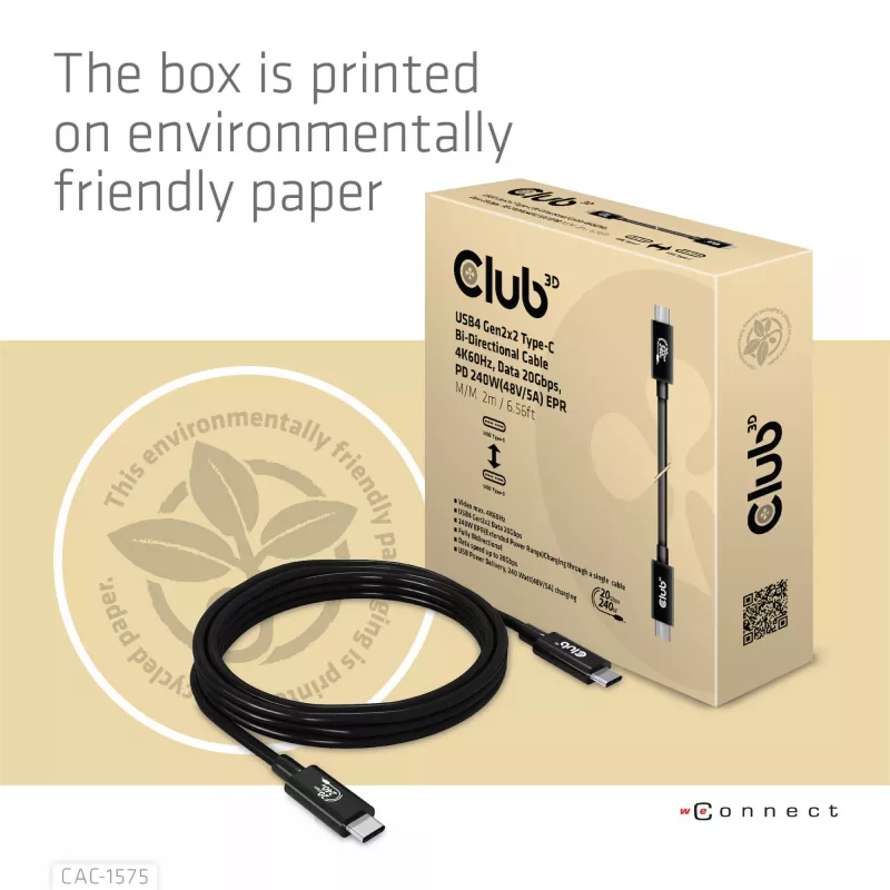 CLUB3D USB4 Gen2x2 USB-C kahesuunaline kaabel 4K60Hz, andmed 20Gbps, PD 240W(48V/5A) EPR M/M 2m