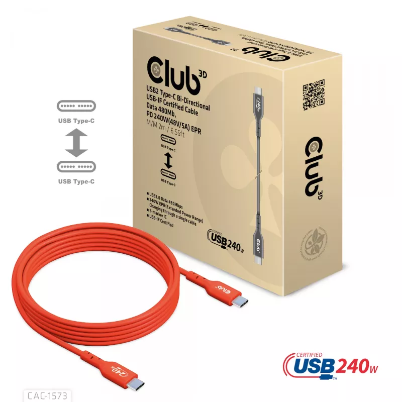 USB-C–USB-C kahesuunaline kaabel CLUB3D CAC-1573, USB4 Gen 2x2, 2 m, punane, PD kuni 240 W