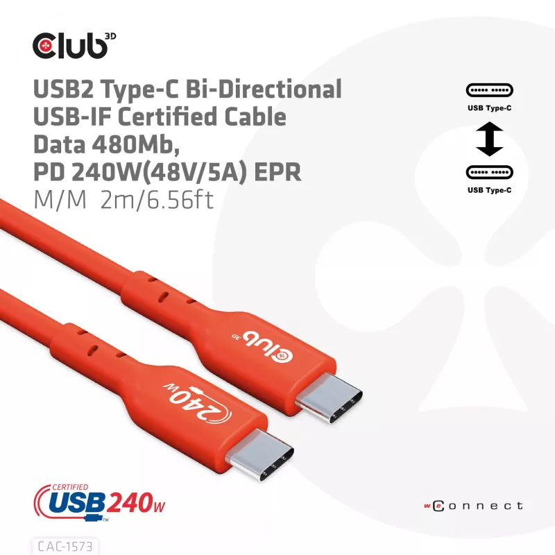 USB-C–USB-C kahesuunaline kaabel CLUB3D CAC-1573, USB4 Gen 2x2, 2 m, punane, PD kuni 240 W
