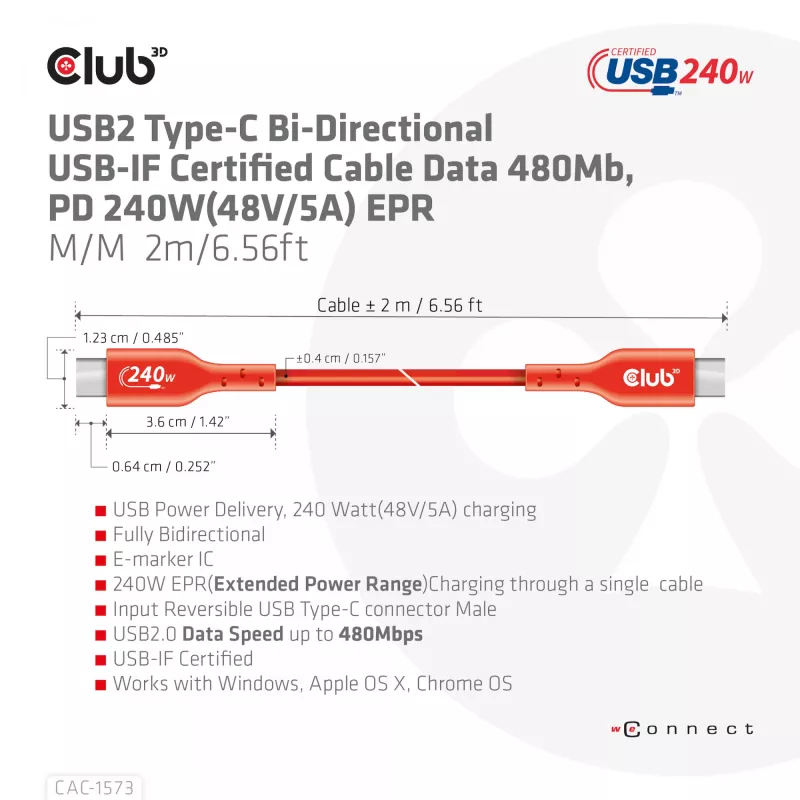 USB-C–USB-C kahesuunaline kaabel CLUB3D CAC-1573, USB4 Gen 2x2, 2 m, punane, PD kuni 240 W