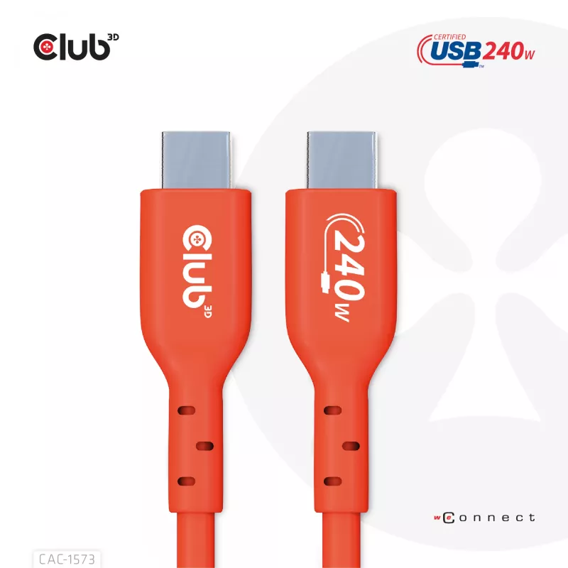 USB-C–USB-C kahesuunaline kaabel CLUB3D CAC-1573, USB4 Gen 2x2, 2 m, punane, PD kuni 240 W