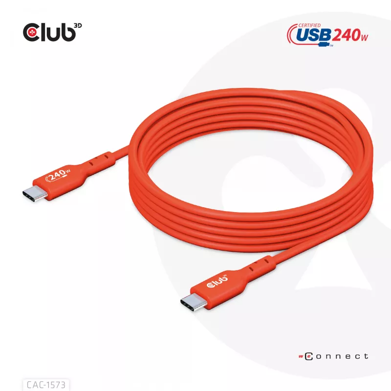 USB-C–USB-C kahesuunaline kaabel CLUB3D CAC-1573, USB4 Gen 2x2, 2 m, punane, PD kuni 240 W